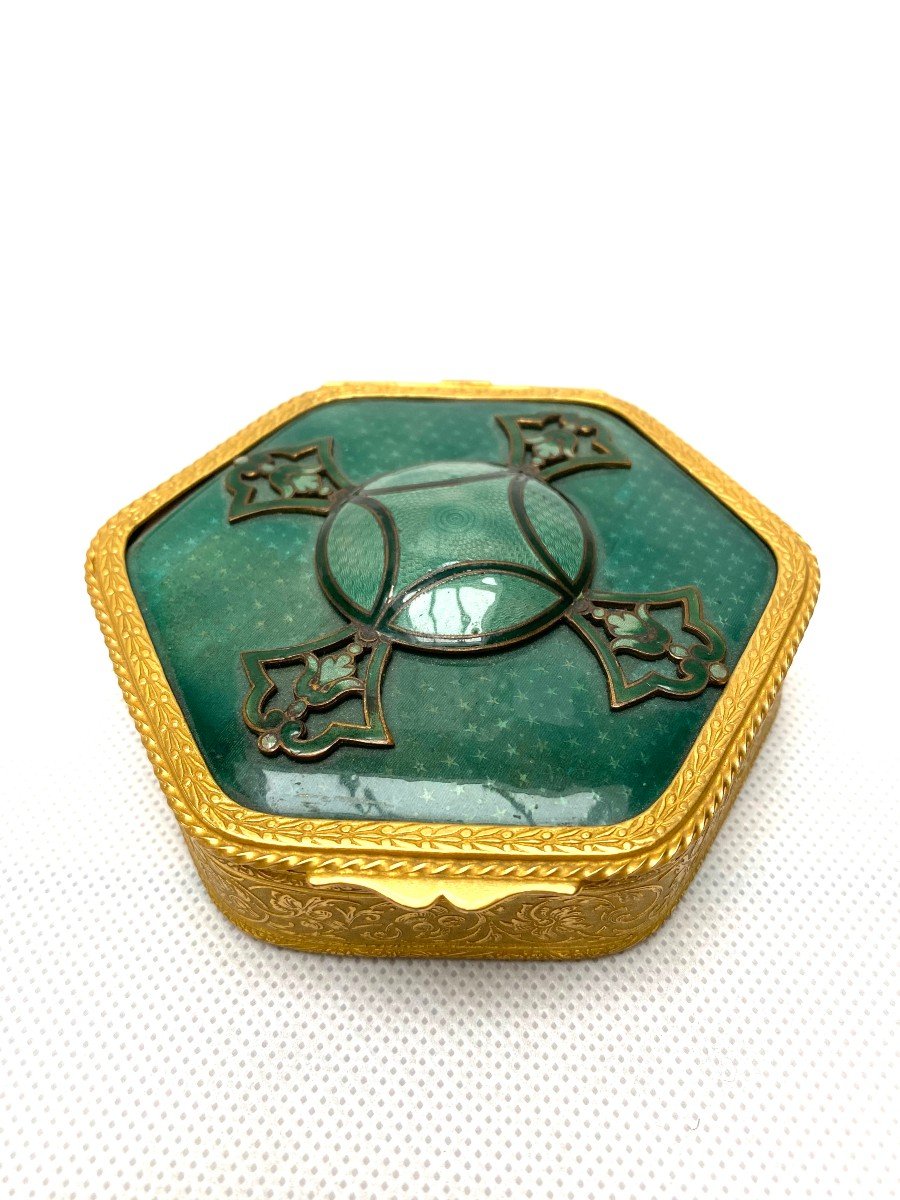 Petite Boîte Hexagonale En Bronze Doré Et émail Vert, Circa 1880-photo-2