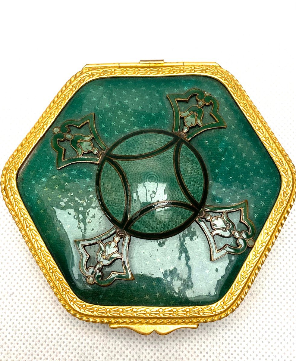 Petite Boîte Hexagonale En Bronze Doré Et émail Vert, Circa 1880-photo-2