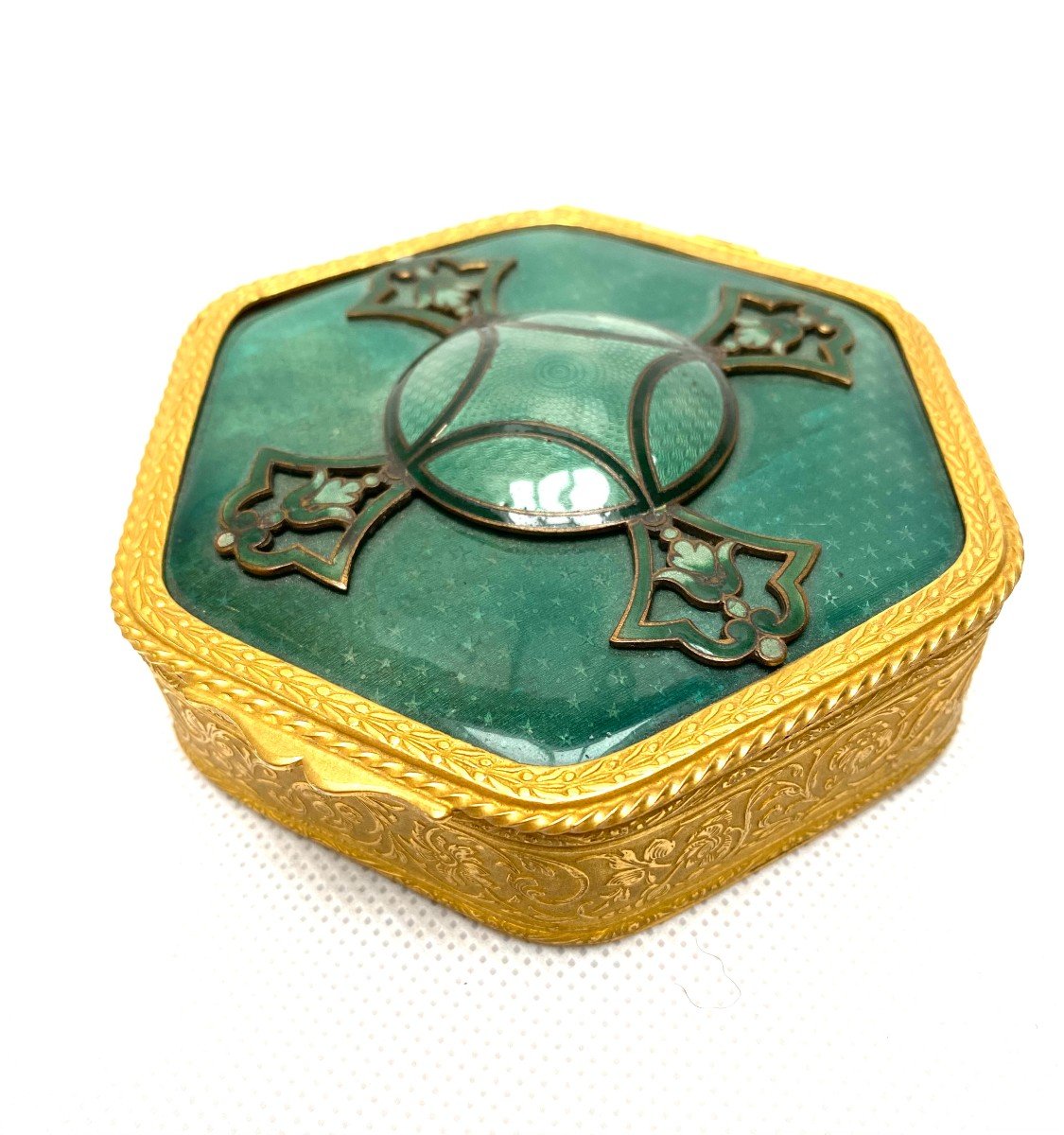 Petite Boîte Hexagonale En Bronze Doré Et émail Vert, Circa 1880-photo-6