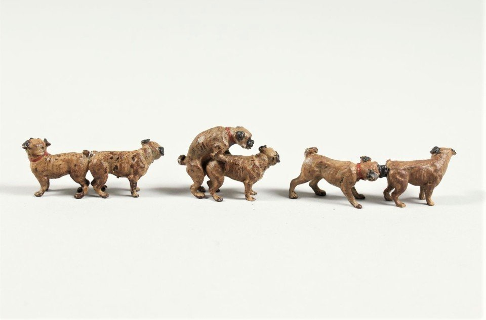 Bronze De Vienne, Trois Petits Groupes De Chiens Carlins Par Bergman-photo-1
