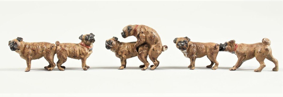Bronze De Vienne, Trois Petits Groupes De Chiens Carlins Par Bergman-photo-2