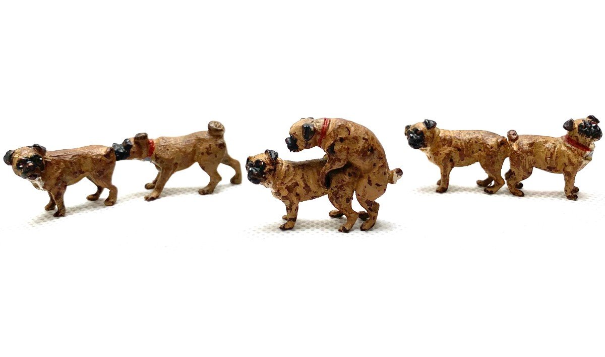 Bronze De Vienne, Trois Petits Groupes De Chiens Carlins Par Bergman-photo-5