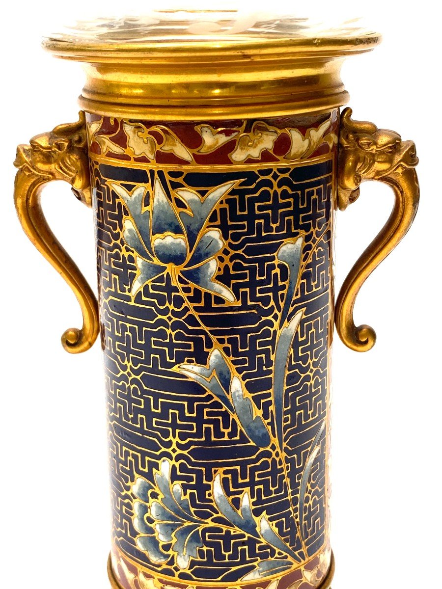 Attribué à Barbedienne, Vase En Bronze Doré Et émail Champlevé Du Milieu Du XIXe Siècle-photo-2