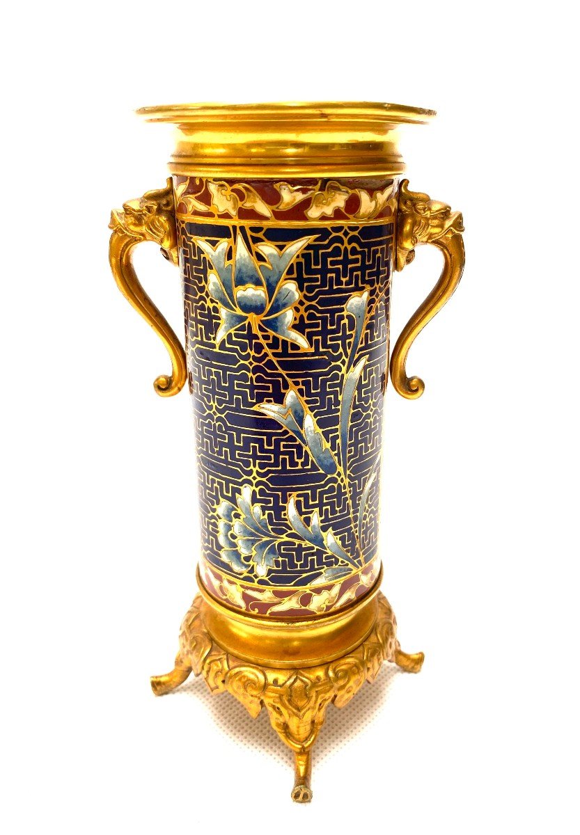 Attribué à Barbedienne, Vase En Bronze Doré Et émail Champlevé Du Milieu Du XIXe Siècle