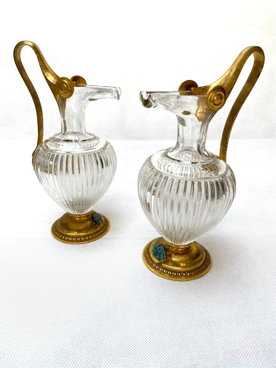 A Pair Of 19th Century Etruscan Style Gilt Bronze And Crystal Glass Ewers