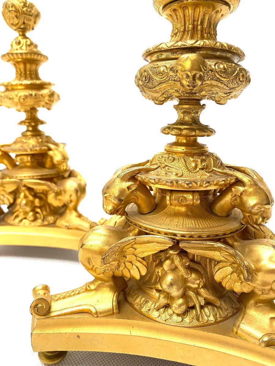 Pair Of French 19th C Gilt Bronze Candlesticks With Griffins-photo-4