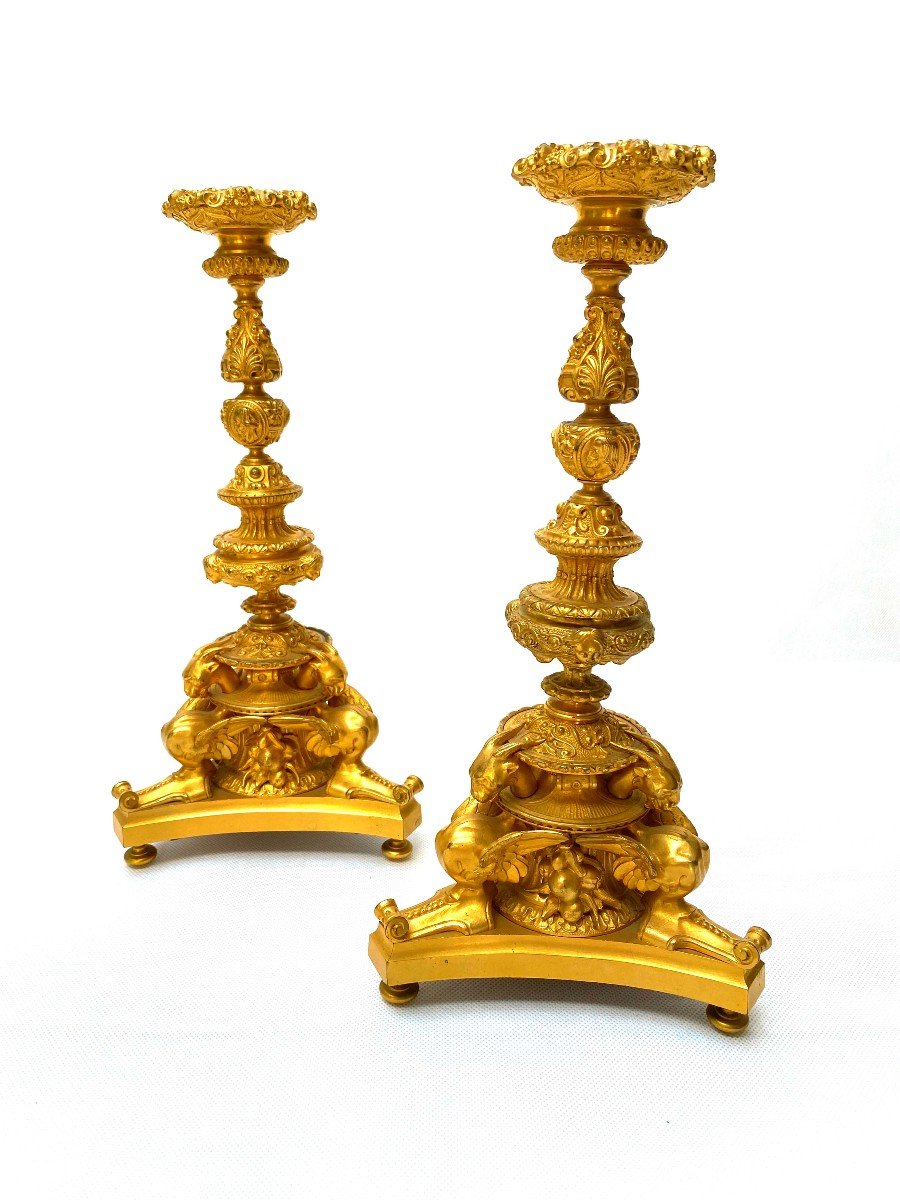 Pair Of French 19th C Gilt Bronze Candlesticks With Griffins