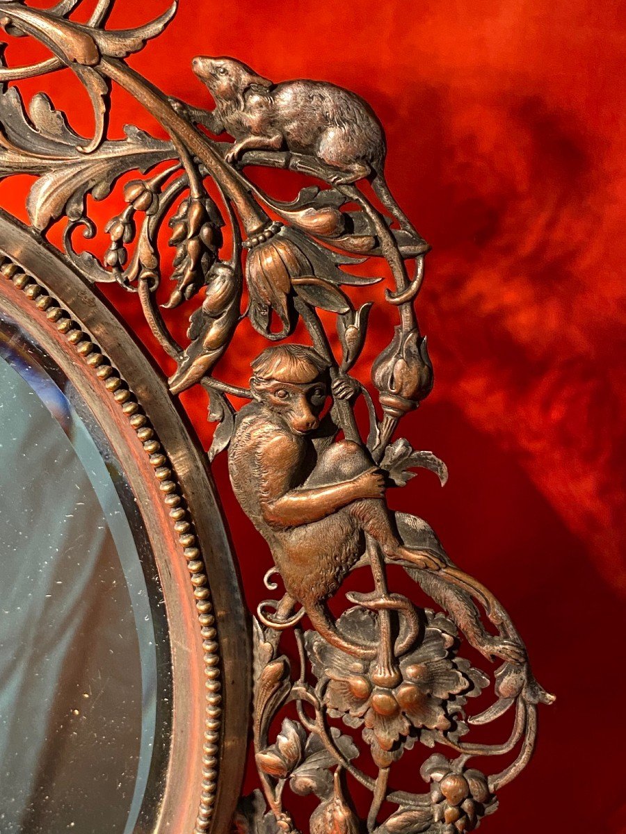Rare Mirror “with Animals” In Silver Copper By E. Philippe-photo-2