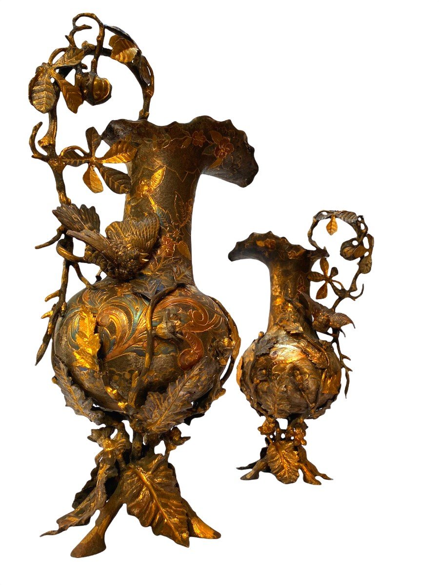 Pair Of Large Bronze Ewers With Three Patinas In The Style Of Ferdinand Pautrot