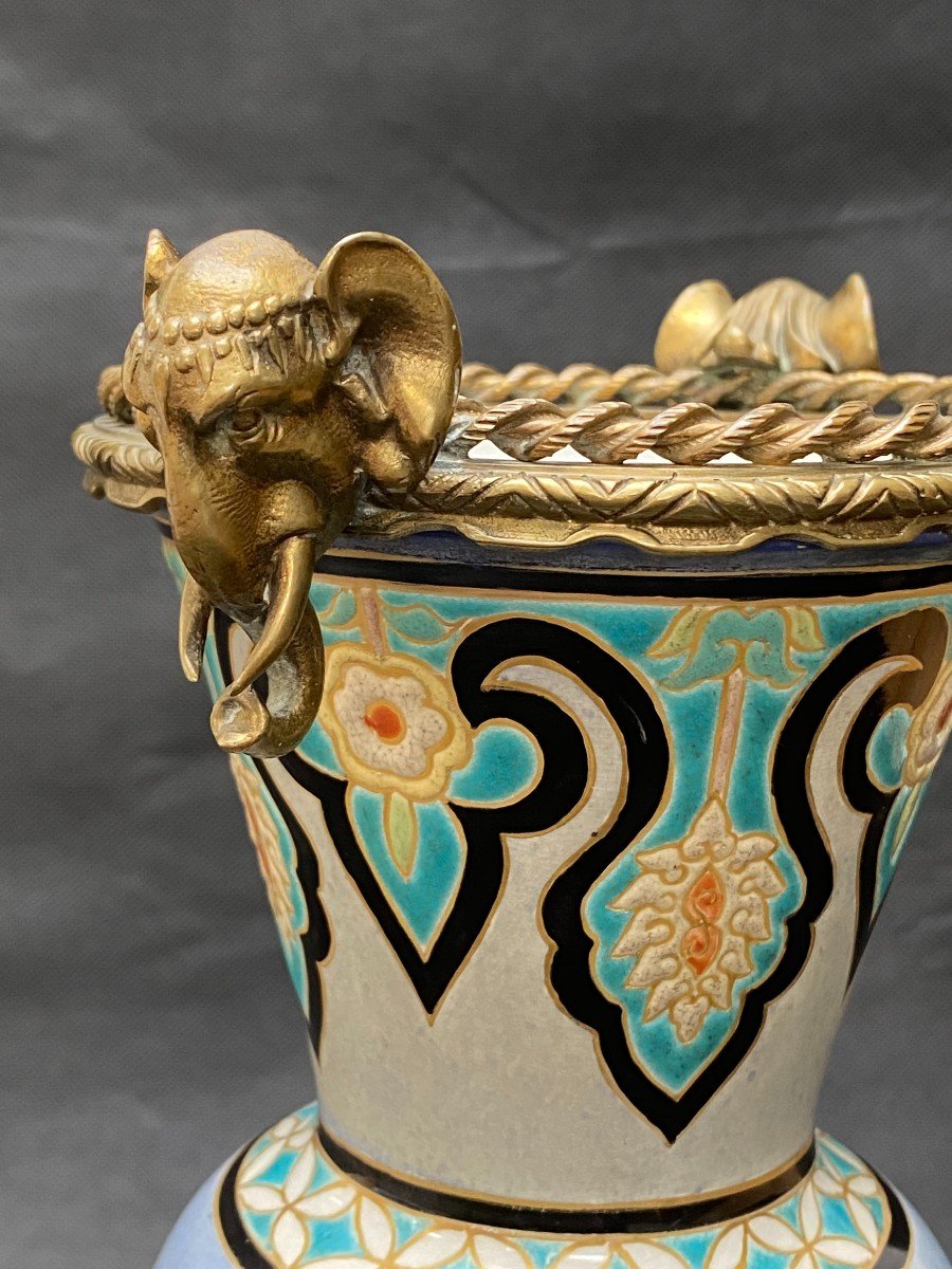 French Mid-19th Century Orientalist Vase In Earthenware By Montereau With Bronze Mounts-photo-3