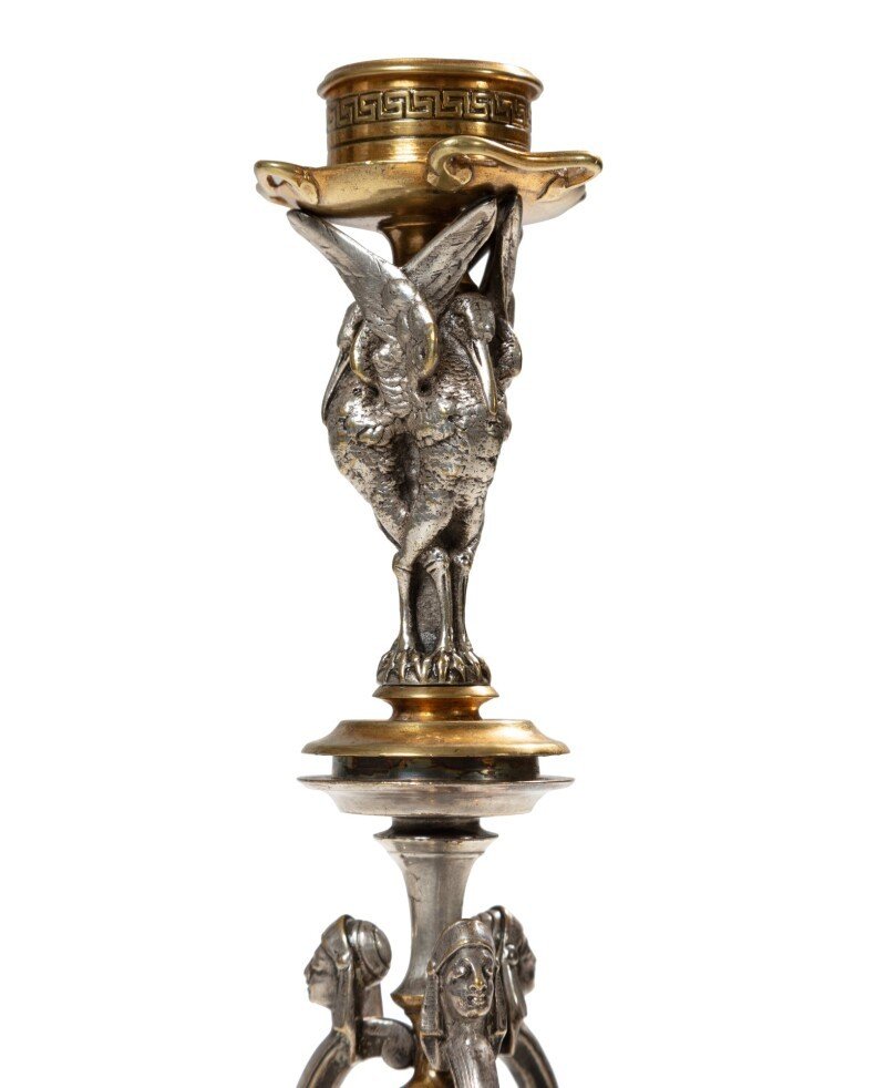 Christofle, Pair Of French 19th Century Neo-pompeian Gilt And Silver Gilt Bronze Candlesticks-photo-3