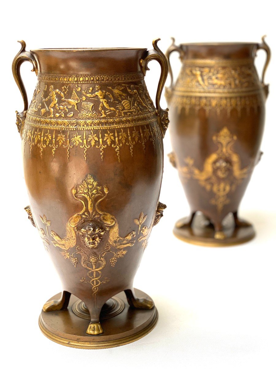 Ferdinand Levillain, Pair Of Patinated And Parcel-gilded Bronze Vases In The Antiquity Style-photo-2