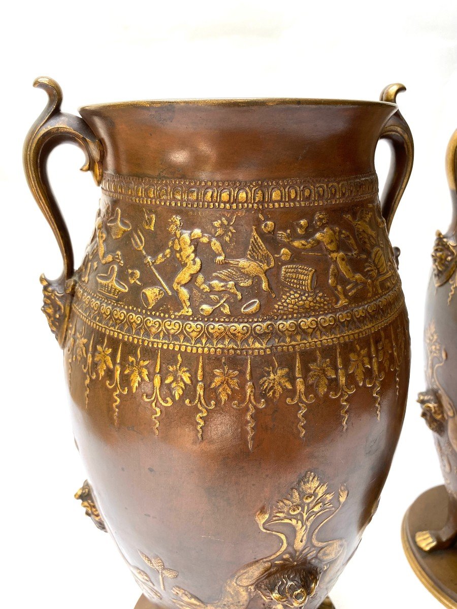 Ferdinand Levillain, Pair Of Patinated And Parcel-gilded Bronze Vases In The Antiquity Style-photo-3