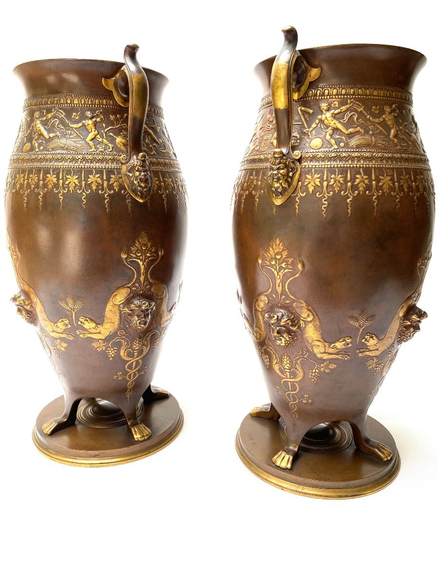 Ferdinand Levillain, Pair Of Patinated And Parcel-gilded Bronze Vases In The Antiquity Style-photo-2