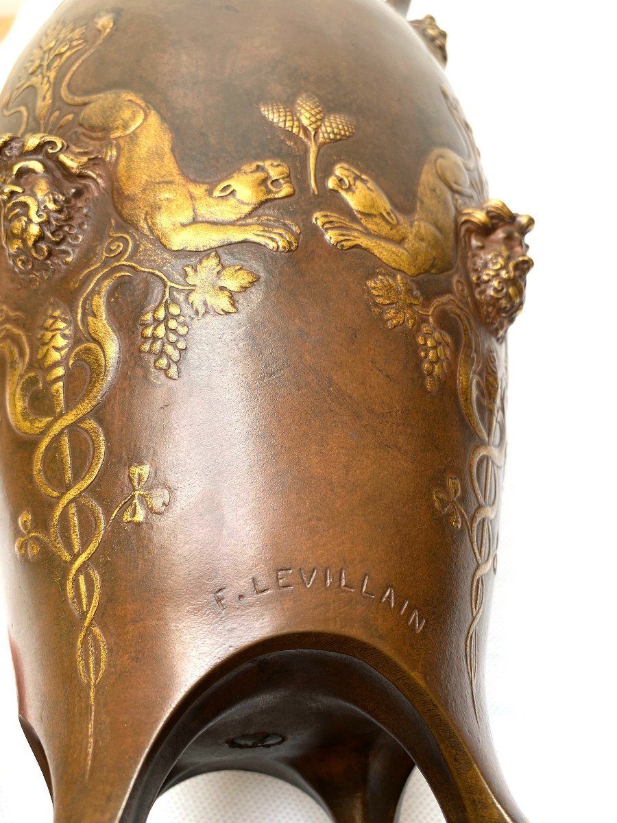 Ferdinand Levillain, Pair Of Patinated And Parcel-gilded Bronze Vases In The Antiquity Style-photo-3