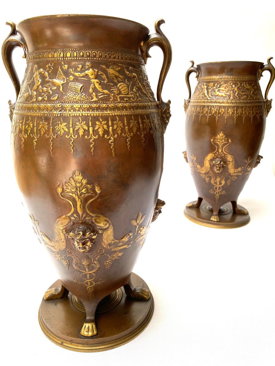 Ferdinand Levillain, Pair Of Patinated And Parcel-gilded Bronze Vases In The Antiquity Style-photo-8