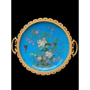 Andre-fernand Thesmar And Ferdinand Barbedienne, Plate In Gilt Bronze And Cloisonne Enamel