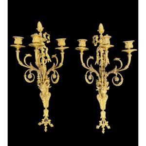 Pair Of XIXth Gilt Bronze Sconces With Goat Heads, In The Style Of Pierre Gouthière