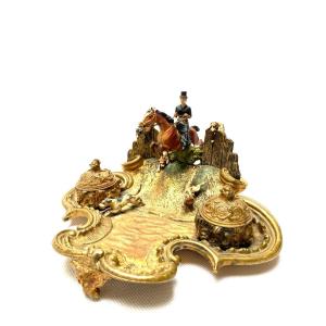 A Rare Late 19th Century Cold Painted Bronze Inkwell And Vide-poche