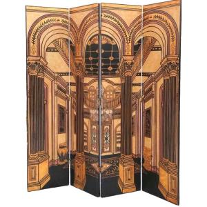 Maison Fournier, 4-leaf Screen In Lacquered And Gilded Wood With An Art Deco Interior Decor