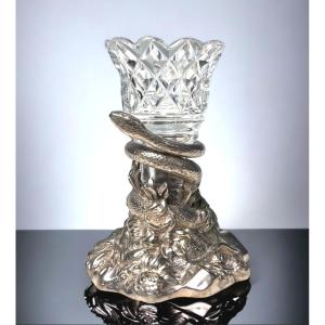Rare Snake Cup By Elkington In Silver Plate, Dated 1849 With Its Crystal Vase