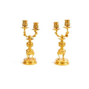 Pair Of Japonisme Candelabra In Gilt Bronze, Barbedienne, Model Attributed To Edouard Lievre