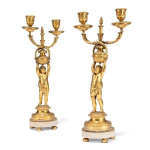Pair Of “cherub” Candelabras, France, Late 18th Century, In Gilt Bronze And White Marble