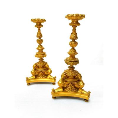 Pair Of French 19th C Gilt Bronze Candlesticks With Griffins