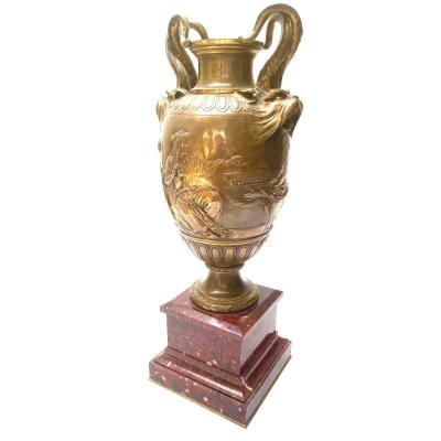 Barbedienne  Grand Vase Bronze Et Marbre Rouge Griotte 