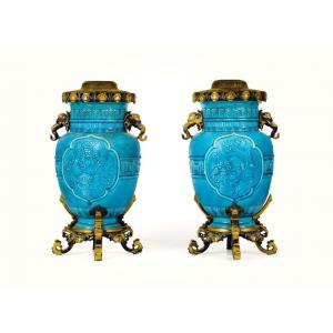 A Pair Of Charles Ficquenet Sevres Theodore Deck Persian Blue Glazed Faience Lamps