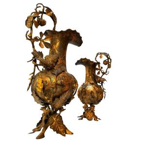 Pair Of Large Bronze Ewers With Three Patinas In The Style Of Ferdinand Pautrot