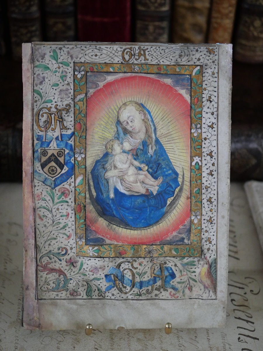 Medieval Illuminated Manuscript Leaf – Virgin Nursing The Child – Late Gothic, Late 15th Century