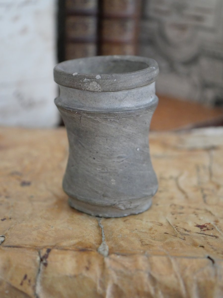 Pot d’apothicaire grès du Beauvaisis, albarello médiéval, étiquette de provenance XVe siècle-photo-2