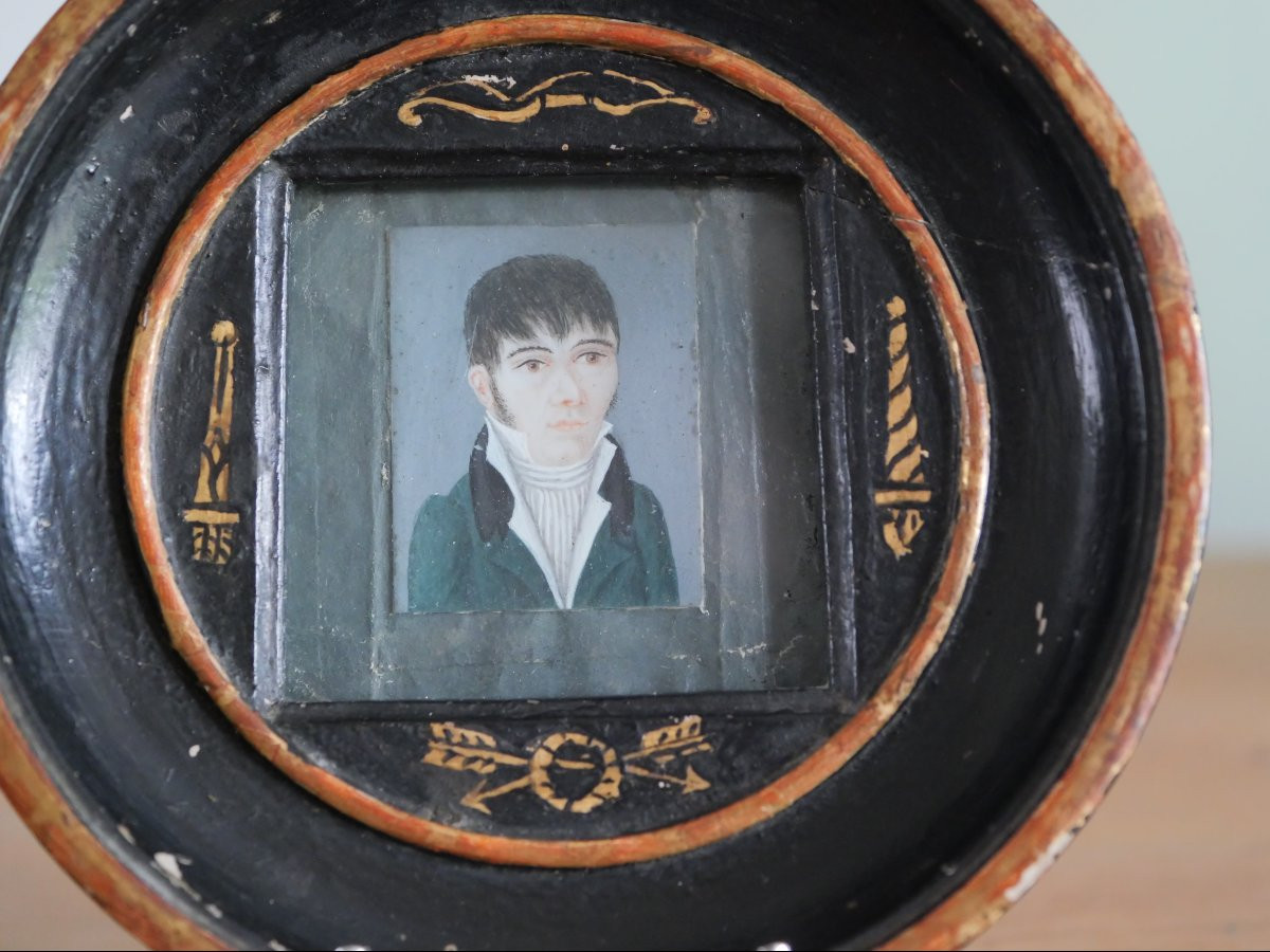 Funeral Miniature First Empire - Portrait Of A Man In Its Original 19th Century Mortuary Frame-photo-2
