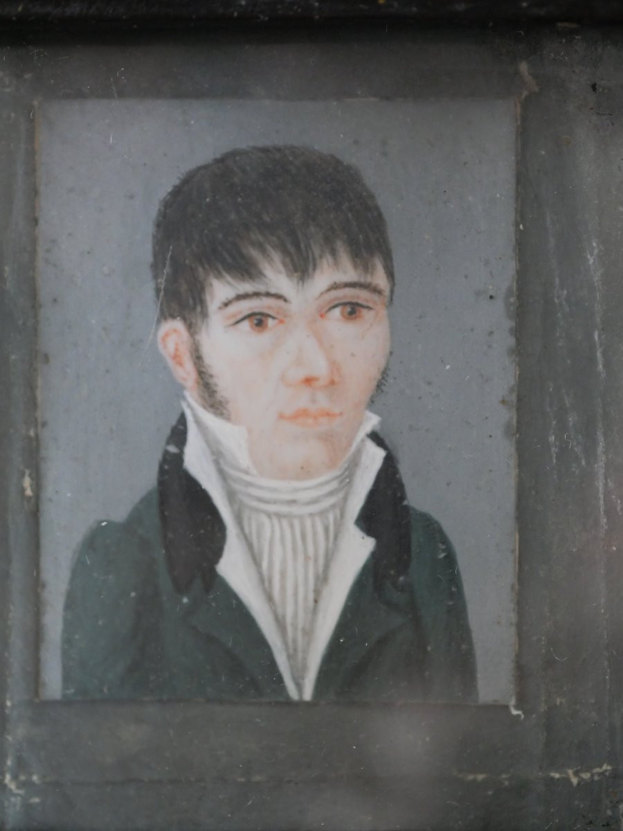 Funeral Miniature First Empire - Portrait Of A Man In Its Original 19th Century Mortuary Frame-photo-3