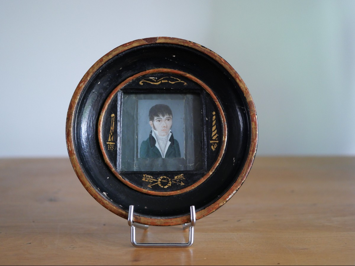 Funeral Miniature First Empire - Portrait Of A Man In Its Original 19th Century Mortuary Frame