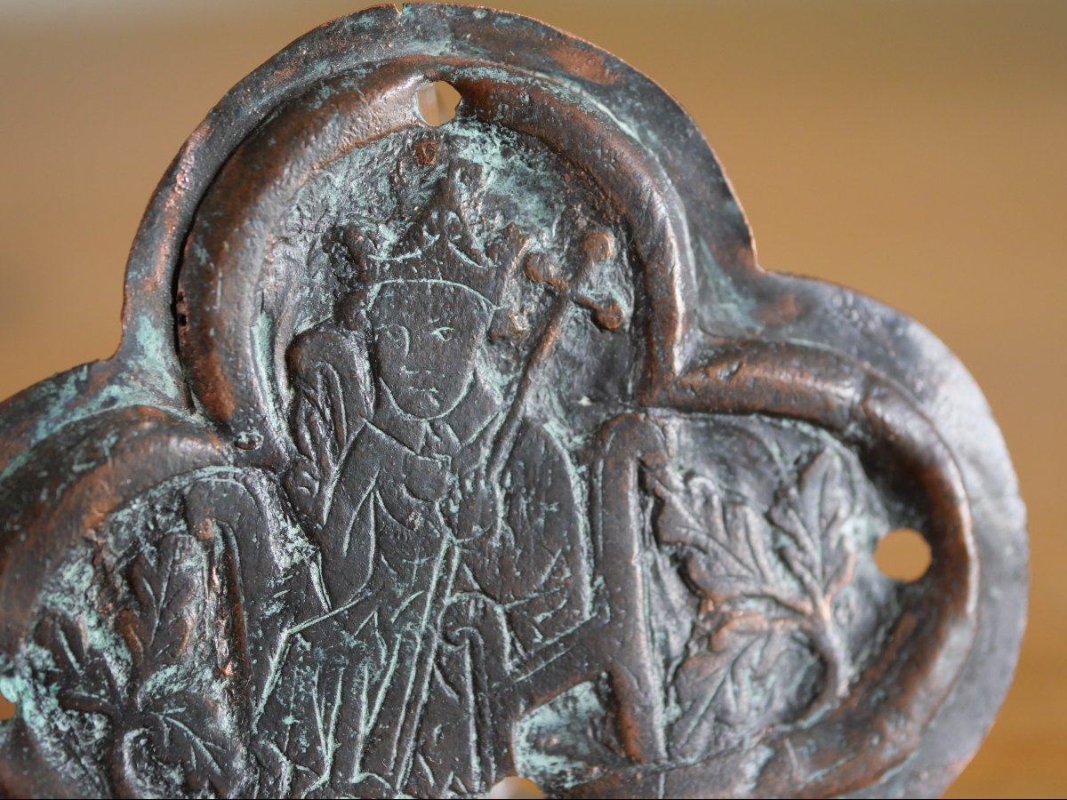 Plaque Croix De Procession Médiévale Cuivre Repoussé - Bishop In Majesty - XIVe-xve Siècle-photo-2