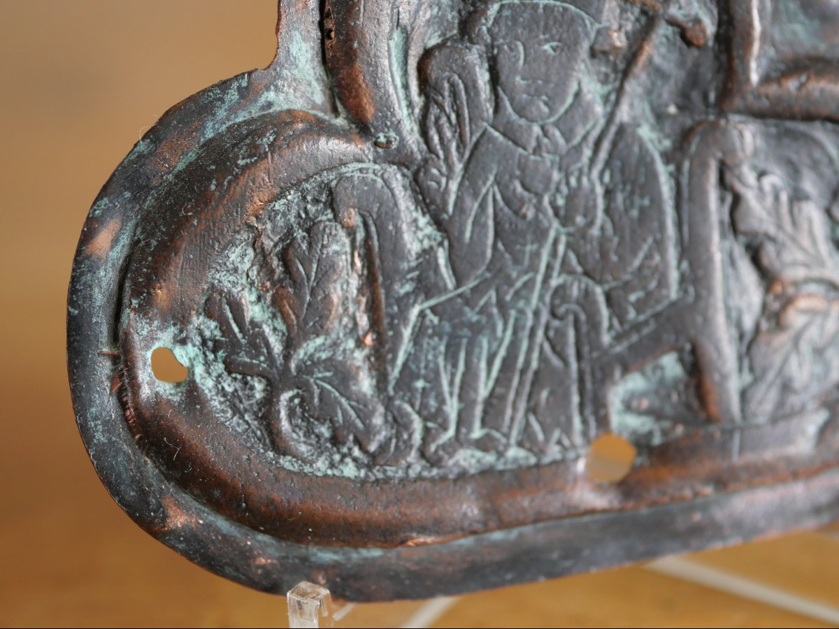 Plaque Croix De Procession Médiévale Cuivre Repoussé - Bishop In Majesty - XIVe-xve Siècle-photo-3