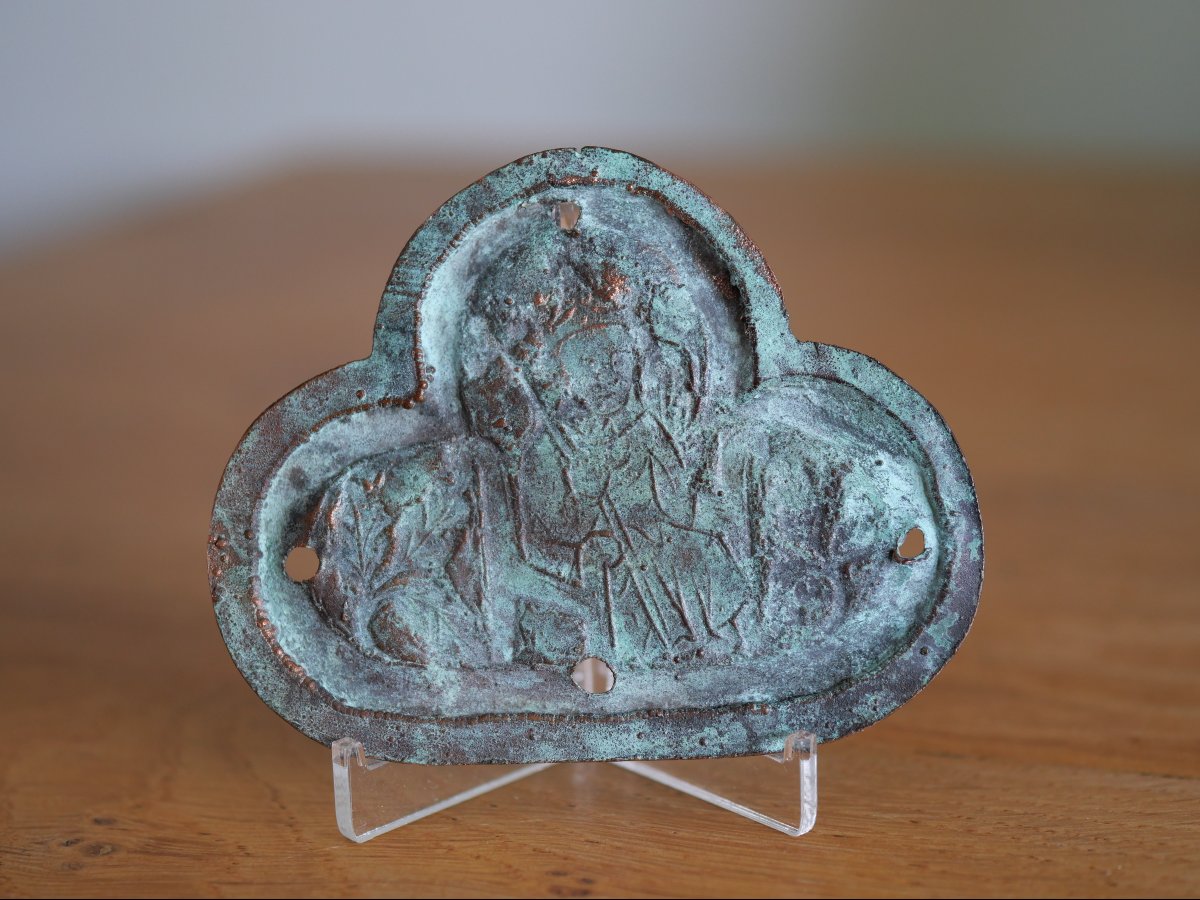 Plaque Croix De Procession Médiévale Cuivre Repoussé - Bishop In Majesty - XIVe-xve Siècle-photo-1