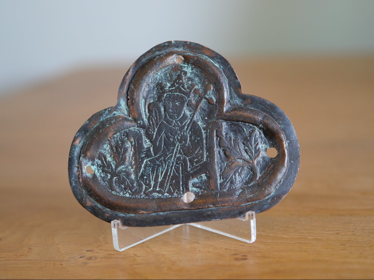 Plaque Croix De Procession Médiévale Cuivre Repoussé - Bishop In Majesty - XIVe-xve Siècle