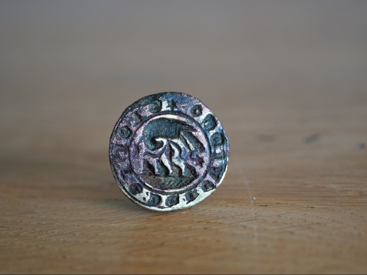 Matrice sceau médiéval en bronze – Phénix et ses petits – France, XIVe siècle – Expertisé-photo-1