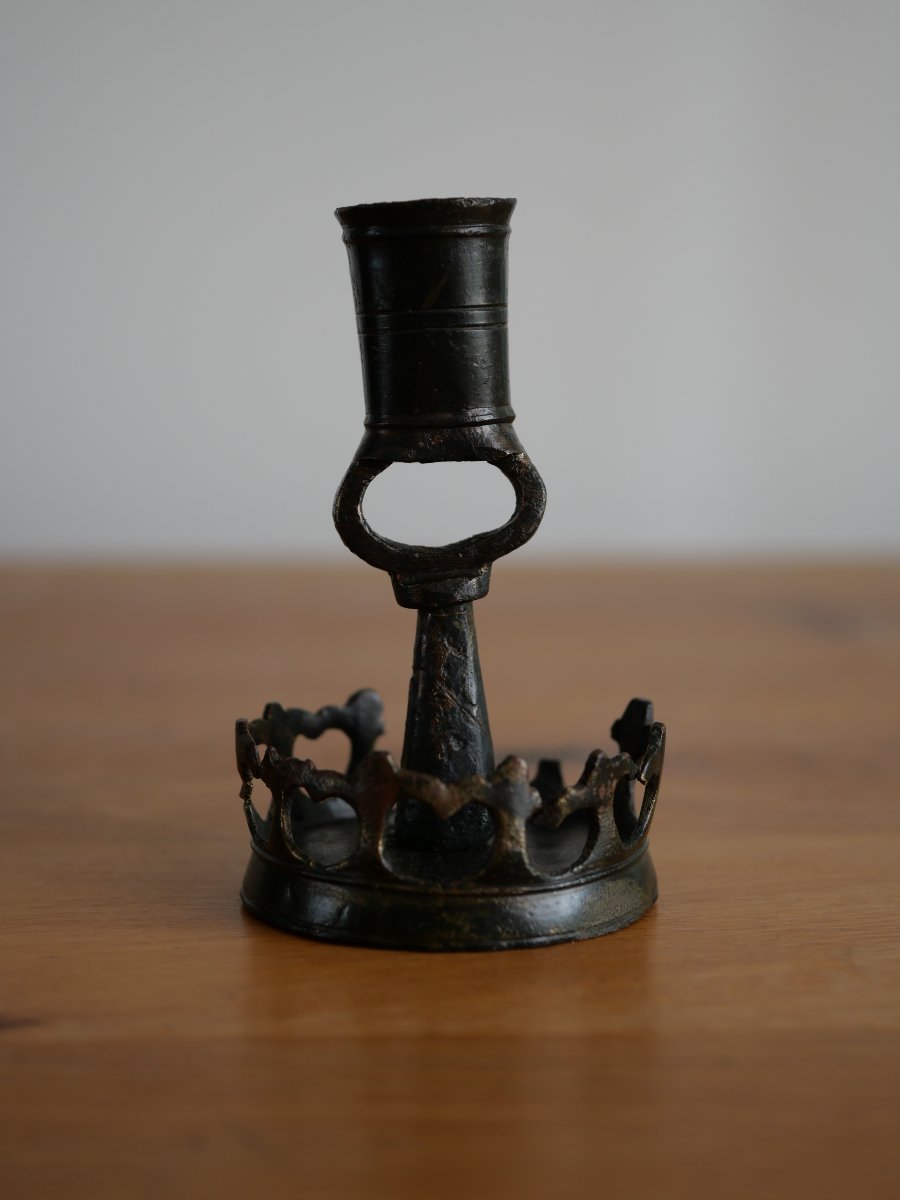 Miniature Gothic Bronze Candlestick – “ringkandelaar” Type – Flanders, 15th Century, Medieval