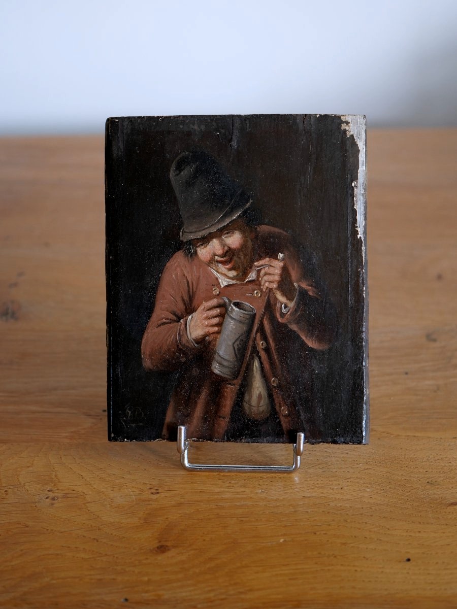 18th-century Flemish Painting – Man With A Pipe And A Mug, A Follower Of David Teniers 