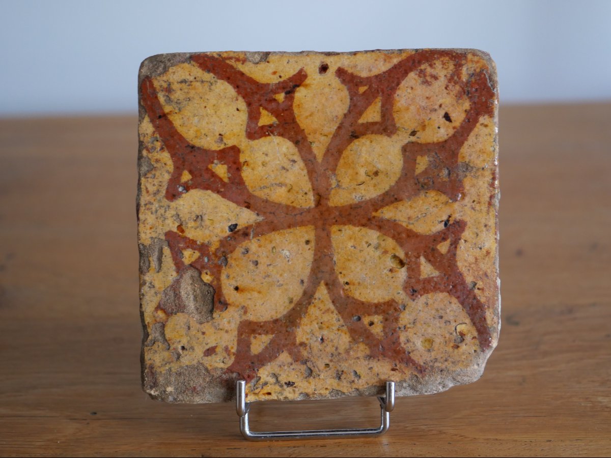 Medieval Floor Tile With Brown And Yellow Engobe Decoration – 14th–15th Century, Normandy -photo-2