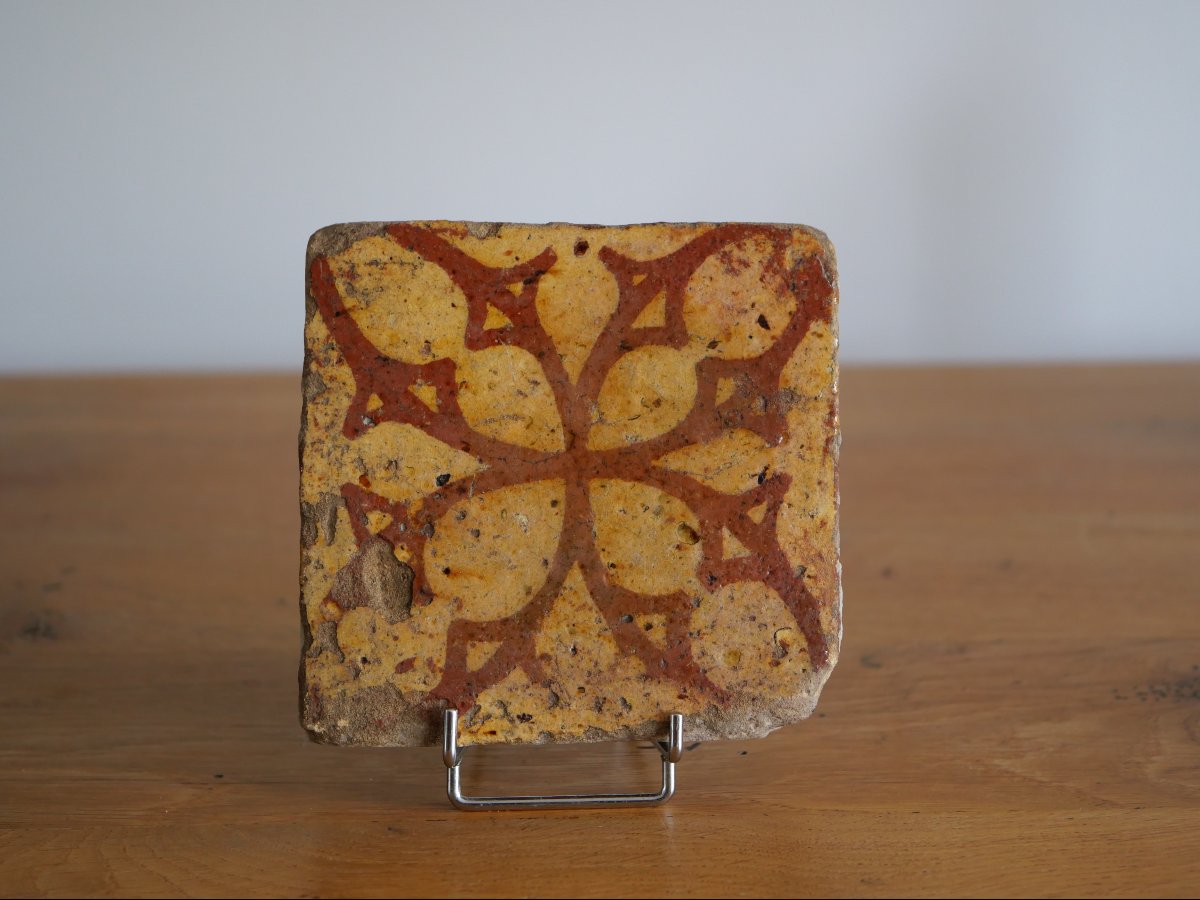 Medieval Floor Tile With Brown And Yellow Engobe Decoration – 14th–15th Century, Normandy 