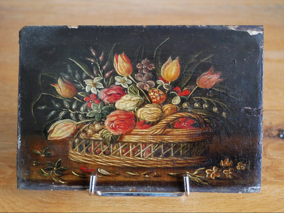 Nature morte aux fleurs dans une corbeille d’osier – École flamande, vers 1640 – XVIIe siècle 