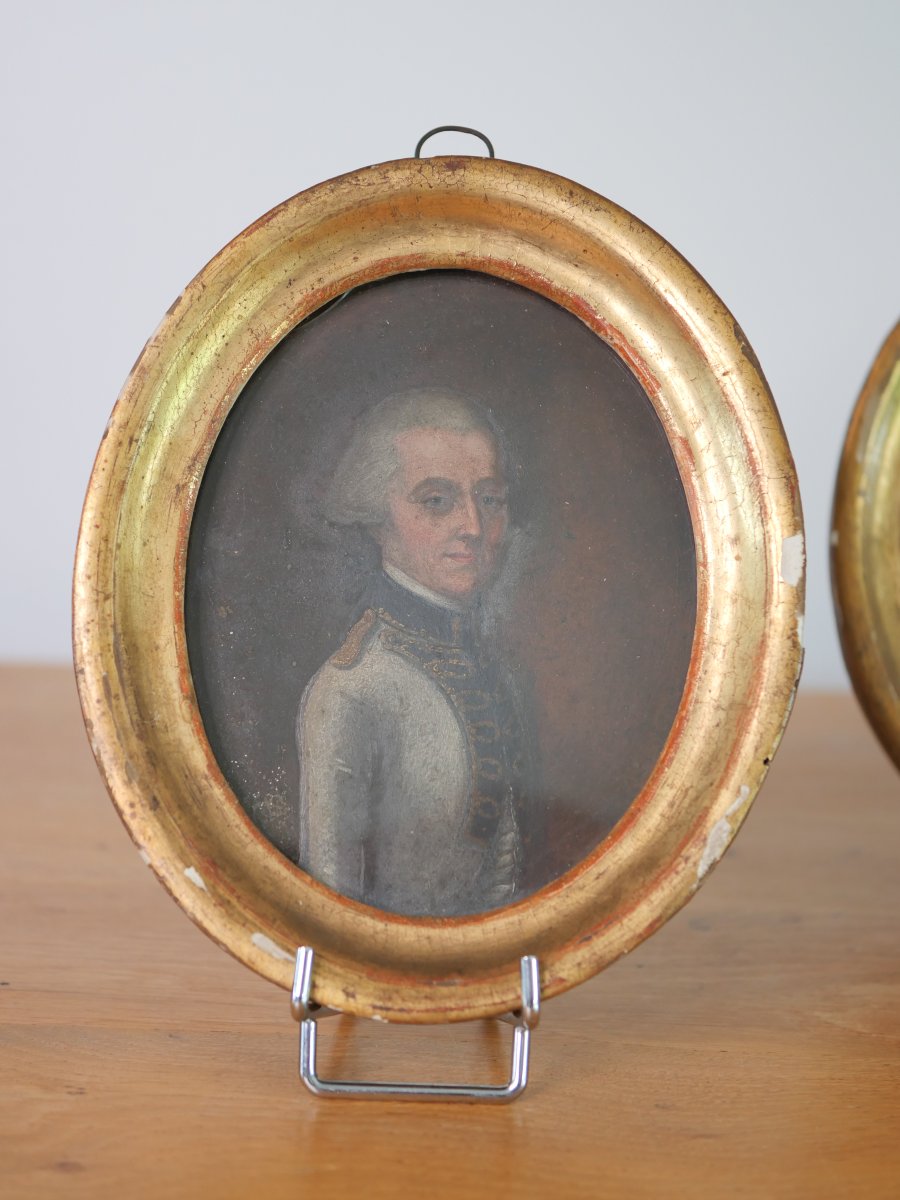 Paire de portraits XVIIIe siècle, Famille de Lasalle, Huile sur cuivre – Cadres bois dorés-photo-3