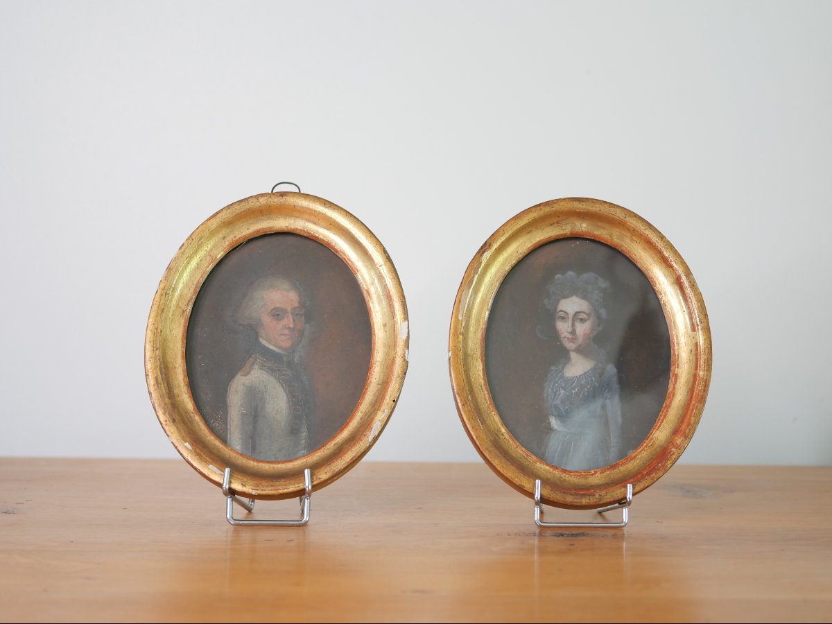 Paire de portraits XVIIIe siècle, Famille de Lasalle, Huile sur cuivre – Cadres bois dorés-photo-4