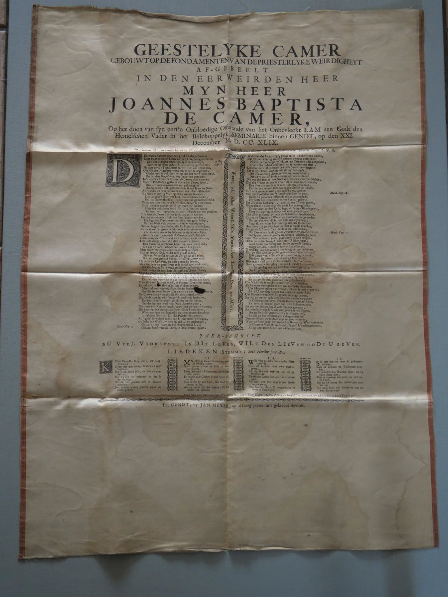 Placard de première messe sur soie, Gand 1749 – Joannes Baptista de Camer – Imprimeur Jan Meyer-photo-2