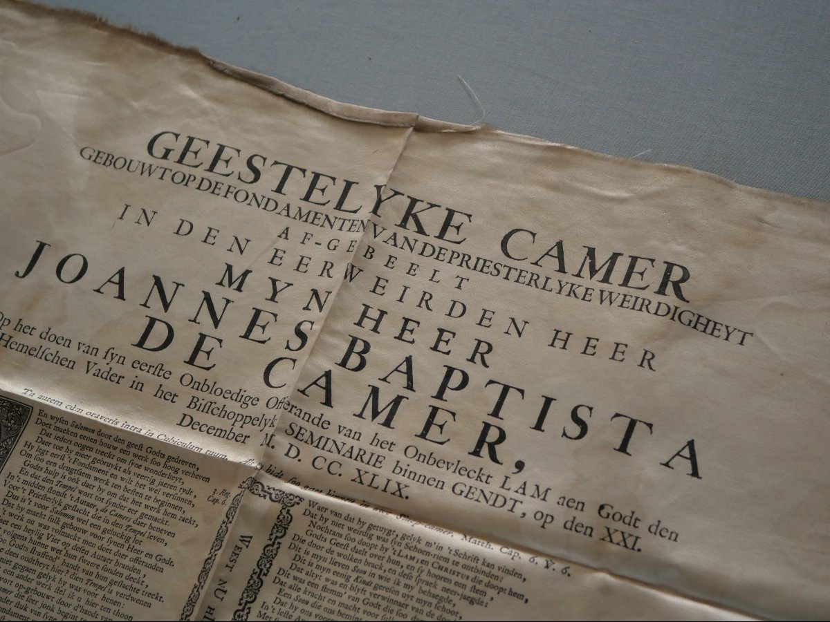 Placard de première messe sur soie, Gand 1749 – Joannes Baptista de Camer – Imprimeur Jan Meyer-photo-3
